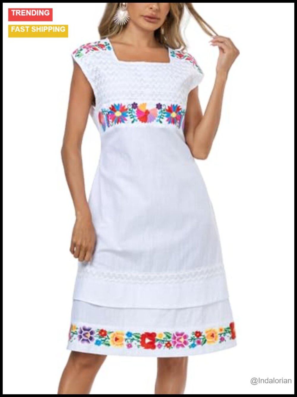 Mexican Embroidered Cotton Swing Dress Sleeveless Loose Fit Summer Dresses for